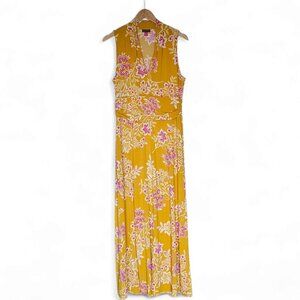 Vince Camuto Maxi Dress Yellow Pink Floral Sleeveless Size L Stretch Cottagecore